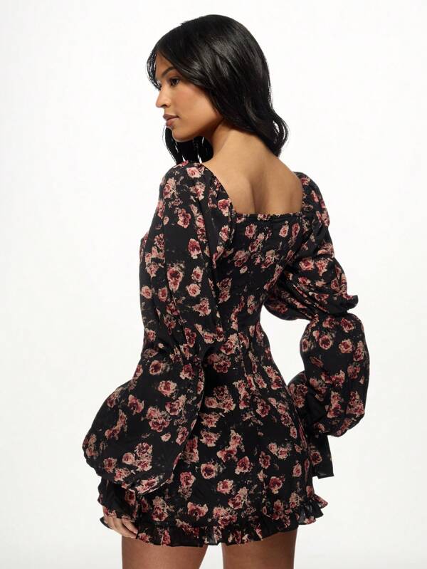MISSGUIDED Sweetheart Neckline Puff Sleeve Floral Print Mini Dress