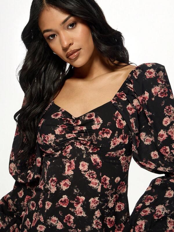 MISSGUIDED Sweetheart Neckline Puff Sleeve Floral Print Mini Dress