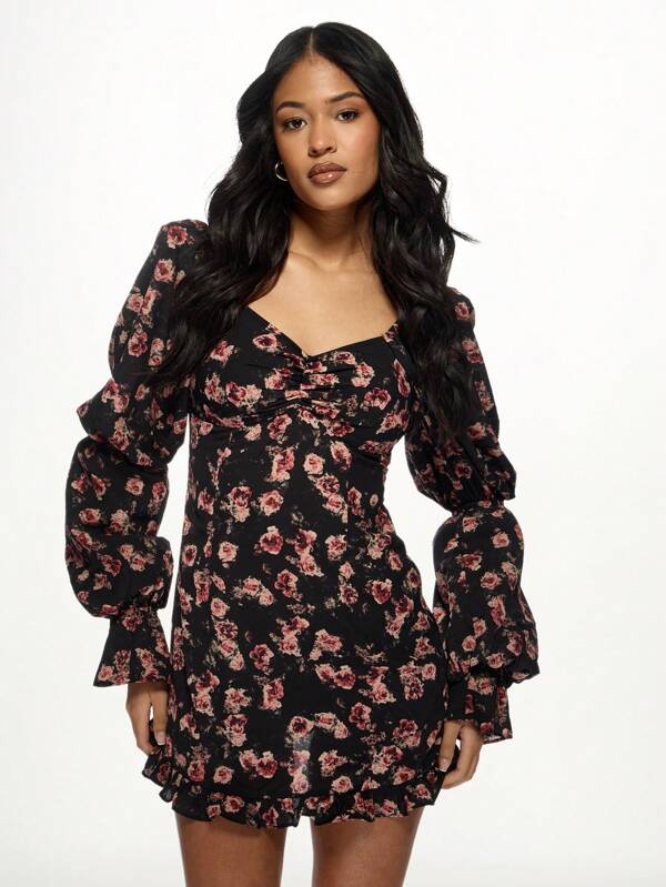 MISSGUIDED Sweetheart Neckline Puff Sleeve Floral Print Mini Dress