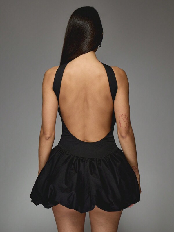 MISSGUIDED Tailored Neck Tie And Cup Detail Bubble Hem Bandeau Puffball Mini Dress