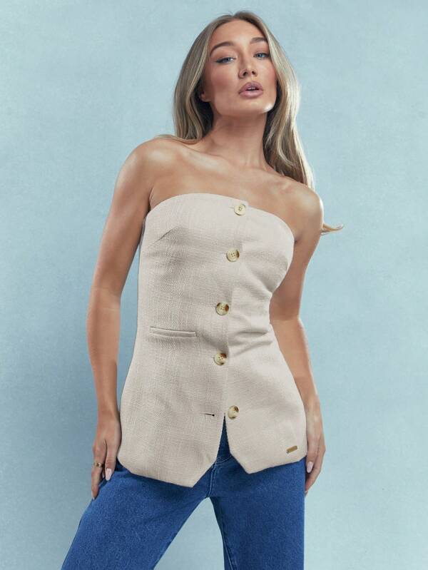 MISSGUIDED Textured Buttoned Bandeau Vest Top With Pocket Details