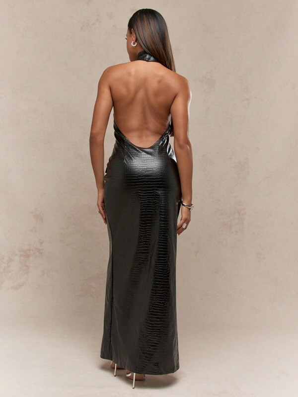 MISSGUIDED Textured Faux Leather Cross Halter Neck Buttoned Front Slit Backless Maxi Dress