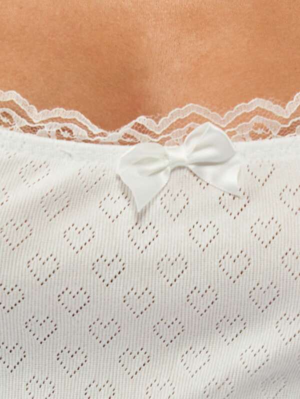 MISSGUIDED Textured Heart Pattern Lace Trim Bow Detail Pajama Set