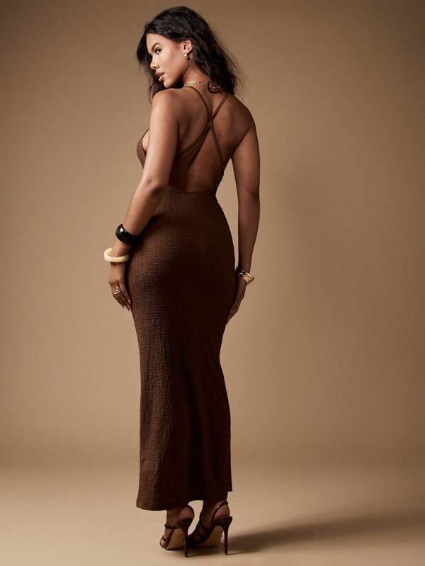 MISSGUIDED Textured Knit Bodycon Maxi Dress Crisscross Back Spaghetti Strap
