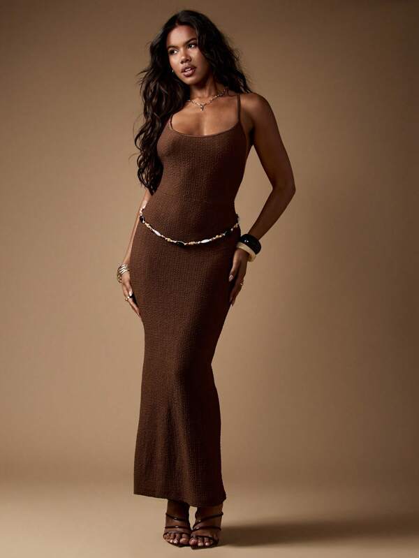 MISSGUIDED Textured Knit Bodycon Maxi Dress Crisscross Back Spaghetti Strap