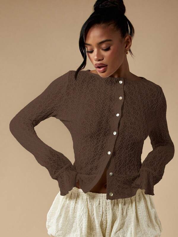MISSGUIDED Textured Knit Cardigan With Ruffle Hem And Cuffs