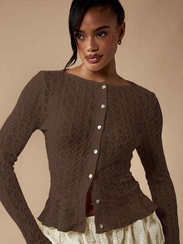 MISSGUIDED Textured Knit Cardigan With Ruffle Hem And Cuffs