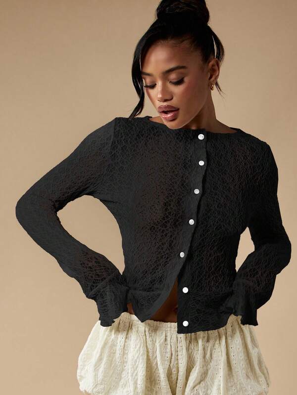 MISSGUIDED Textured Knit Peplum Cardigan With Ruffle Details