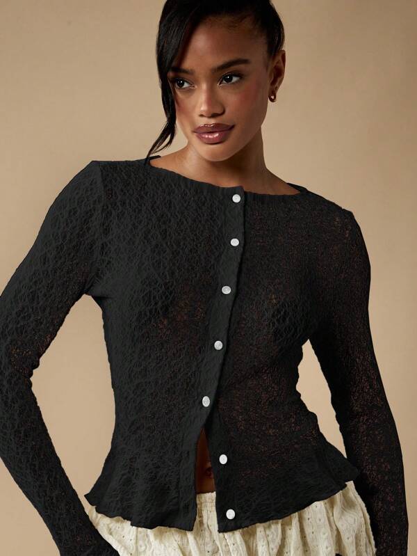 MISSGUIDED Textured Knit Peplum Cardigan With Ruffle Details