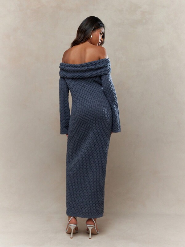MISSGUIDED Textured Knit Ruched Off-Shoulder Long Sleeves Bodycon Maxi Sweater Dress
