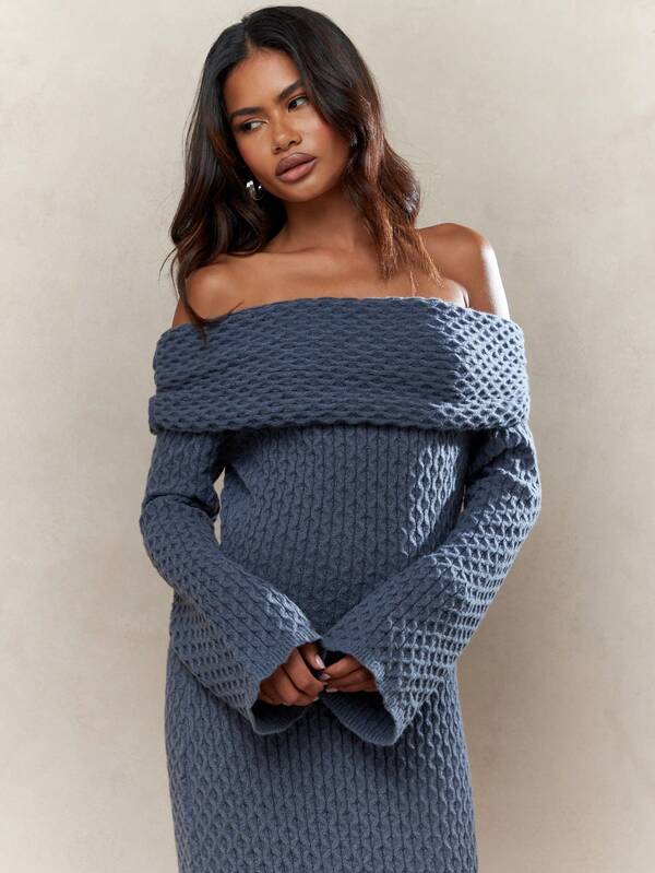 MISSGUIDED Textured Knit Ruched Off-Shoulder Long Sleeves Bodycon Maxi Sweater Dress