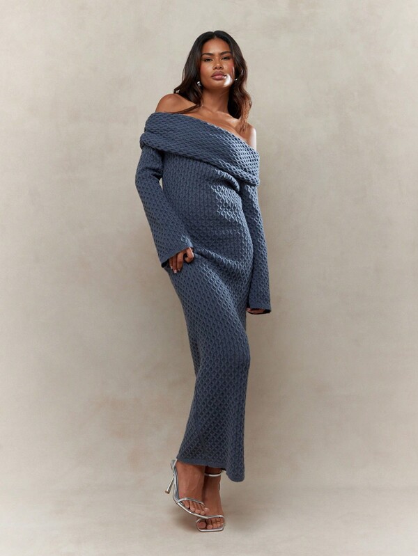 MISSGUIDED Textured Knit Ruched Off-Shoulder Long Sleeves Bodycon Maxi Sweater Dress