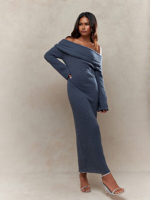 MISSGUIDED Textured Knit Ruched Off-Shoulder Long Sleeves Bodycon Maxi Sweater Dress