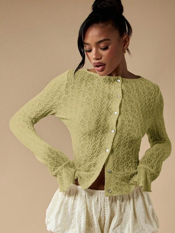 MISSGUIDED Textured Lace Pattern Cardigan With Peplum Hem And Button Front