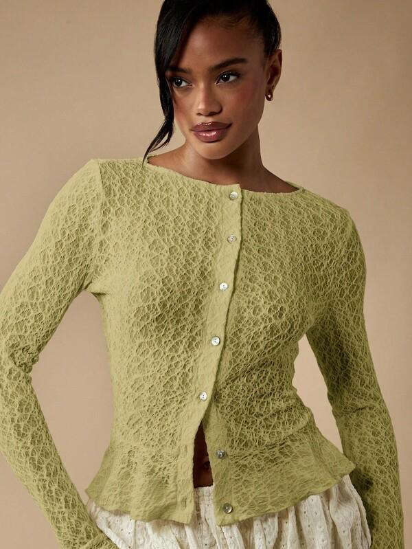 MISSGUIDED Textured Lace Pattern Cardigan With Peplum Hem And Button Front