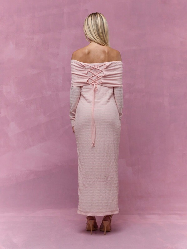 MISSGUIDED Textured Long Sleeves Bardot Maxi Dress