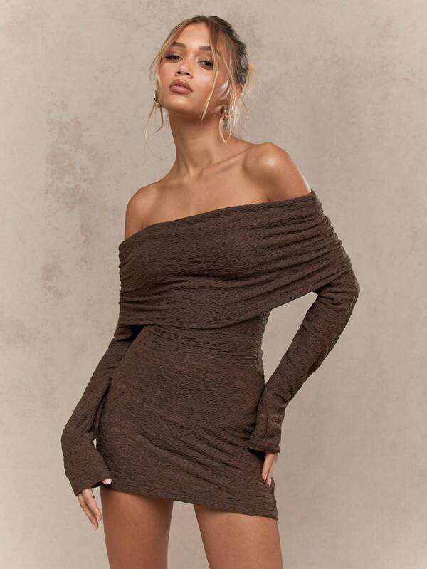 MISSGUIDED Textured Mini Dress With Ruched Off Shoulder Design