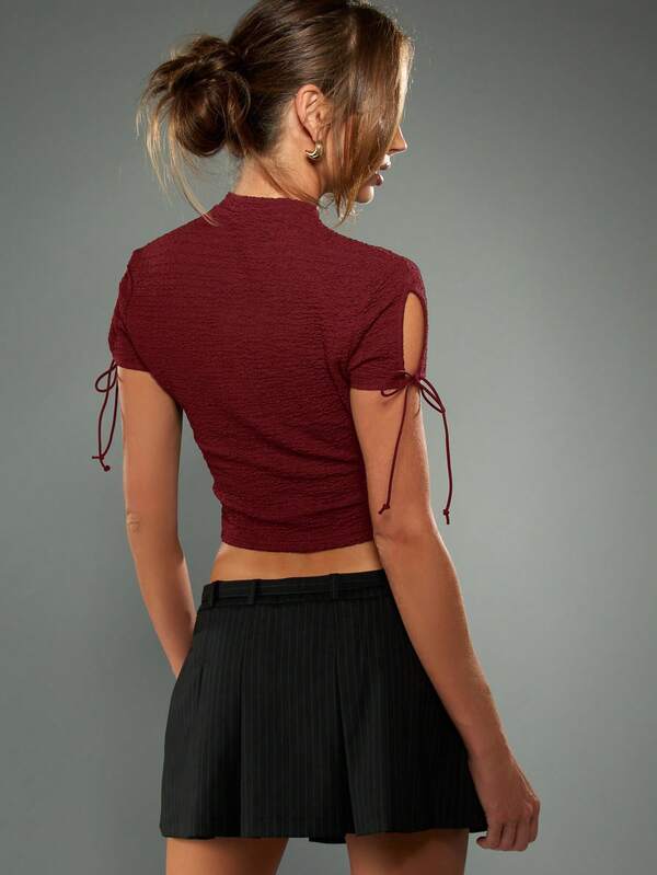 MISSGUIDED Textured Mock Neck Crop Top With Tie Sleeves