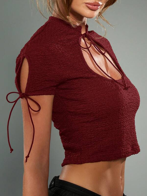 MISSGUIDED Textured Mock Neck Crop Top With Tie Sleeves