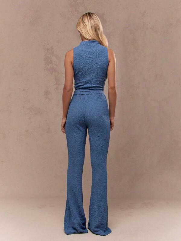 MISSGUIDED Textured Polo Neck Sleeveless Fitted Top And Flared Hem Pants Two Piece Co-Ord Set