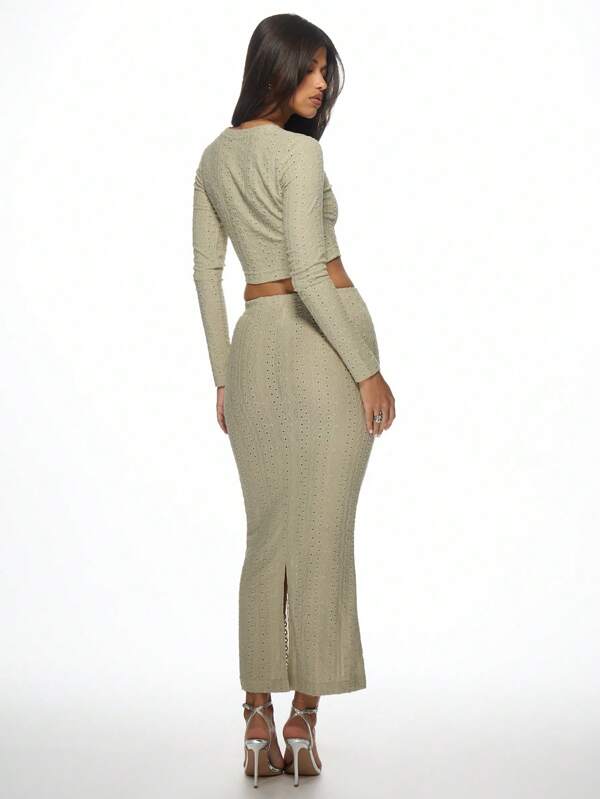 MISSGUIDED Textured Ribbed Crop Top Maxi Skirt Two Piece Outfit