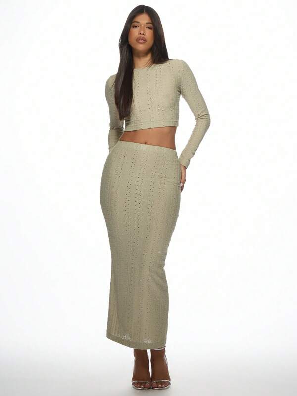 MISSGUIDED Textured Ribbed Crop Top Maxi Skirt Two Piece Outfit