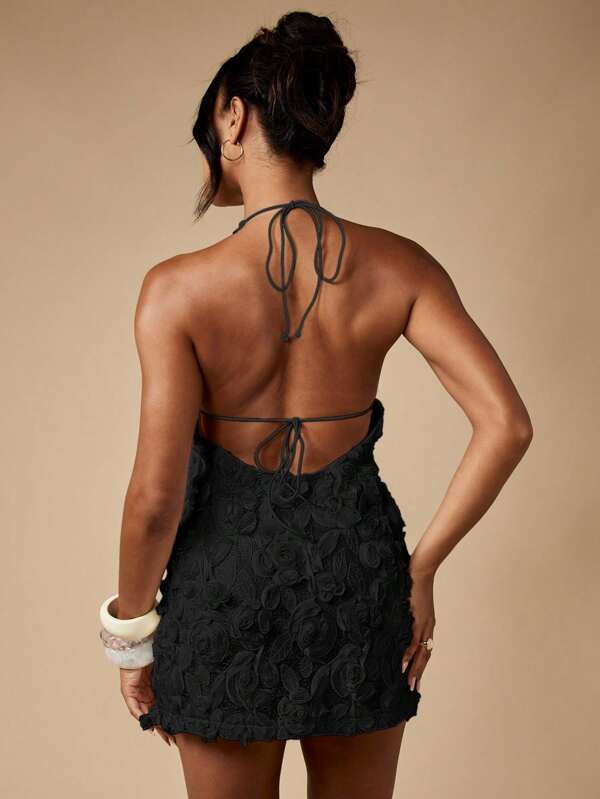MISSGUIDED Textured Rosette Halter Mini Dress With Open Back