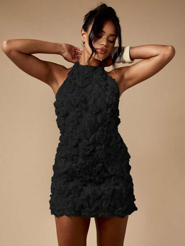 MISSGUIDED Textured Rosette Halter Mini Dress With Open Back