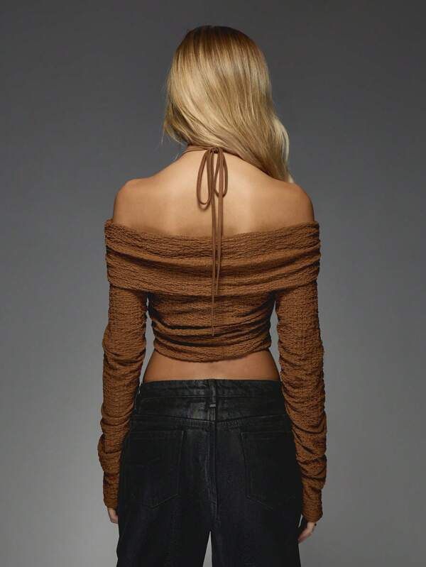 MISSGUIDED Textured Ruched Halter Neck Bardot Top With Long Sleeves