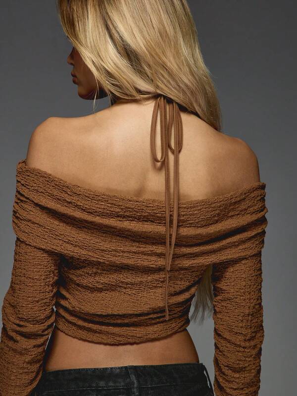 MISSGUIDED Textured Ruched Halter Neck Bardot Top With Long Sleeves