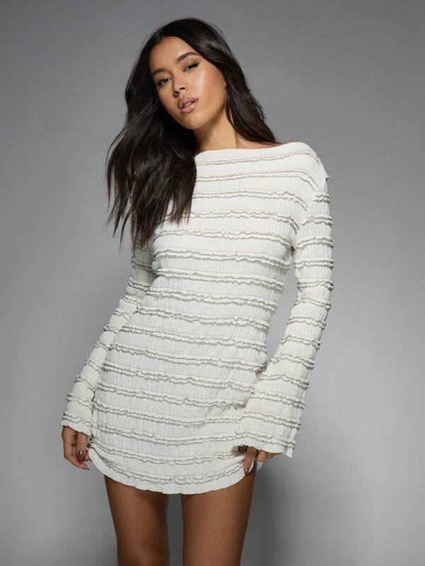 MISSGUIDED Textured Ruffle Mini Dress With Long Sleeves