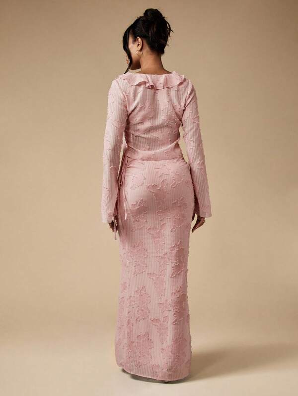 MISSGUIDED Textured Ruffle Trim V Neck Co Ord With Bell Sleeves