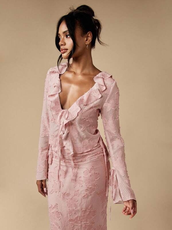 MISSGUIDED Textured Ruffle Trim V Neck Co Ord With Bell Sleeves