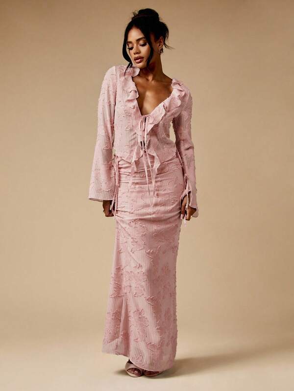 MISSGUIDED Textured Ruffle Trim V Neck Co Ord With Bell Sleeves