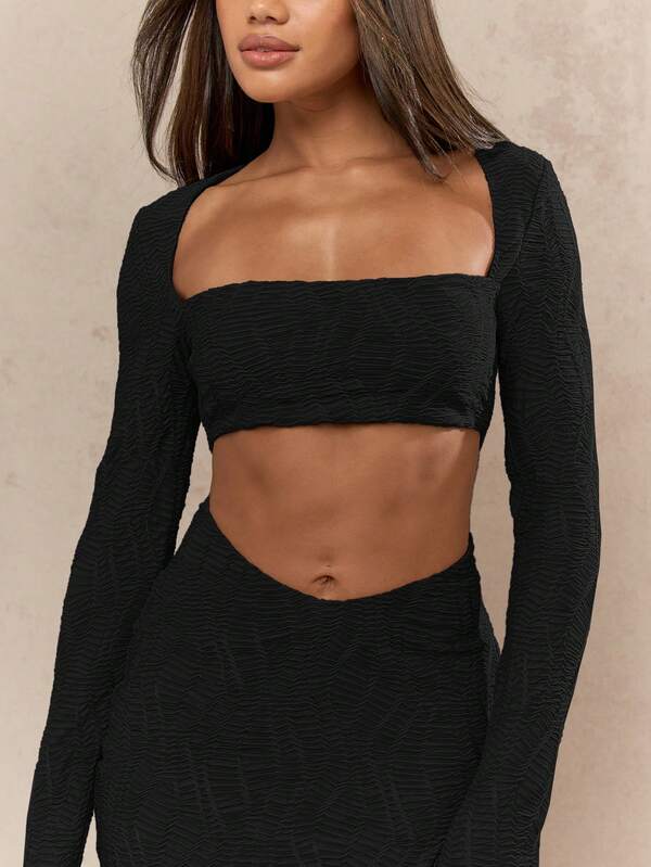 MISSGUIDED Textured Stretchy Cut Out Long Sleeve Ruched Mini Dress With High Square Neckline