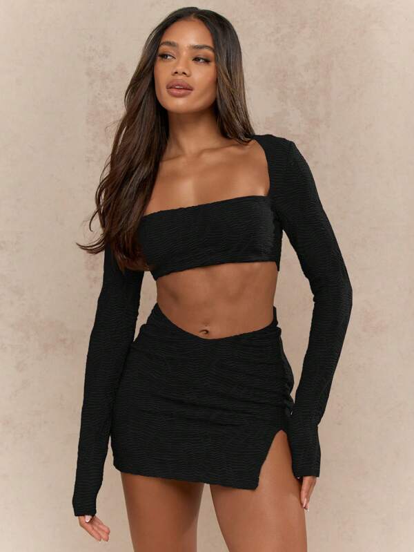 MISSGUIDED Textured Stretchy Cut Out Long Sleeve Ruched Mini Dress With High Square Neckline