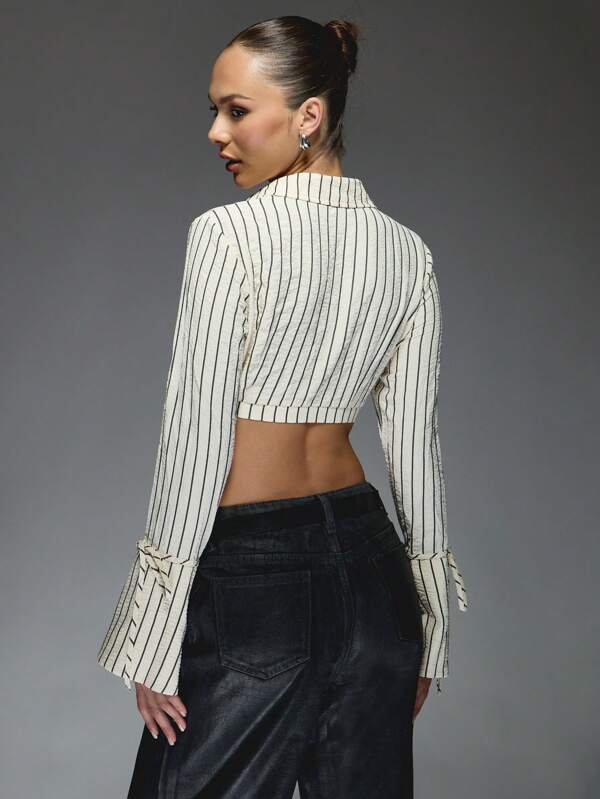 MISSGUIDED Textured Stripe Long Broad Cuffed Sleeves Crop Shirt