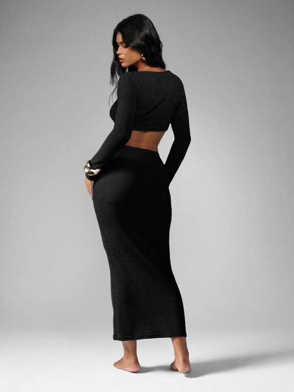 MISSGUIDED Textured Waffle Knit Crop Top Maxi Skirt Two Piece