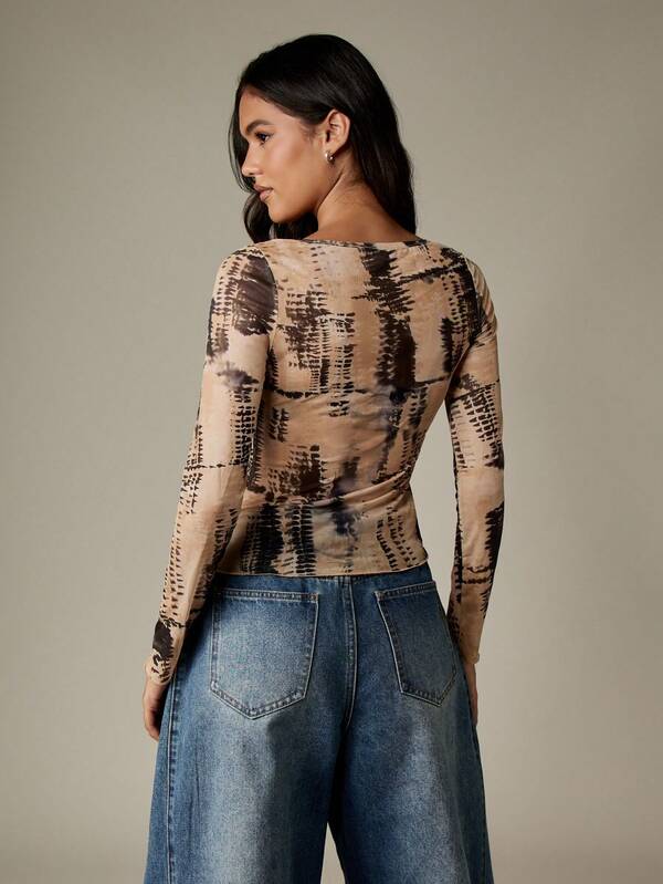 MISSGUIDED Tie Dye Mesh Long Sleeve Crop Top