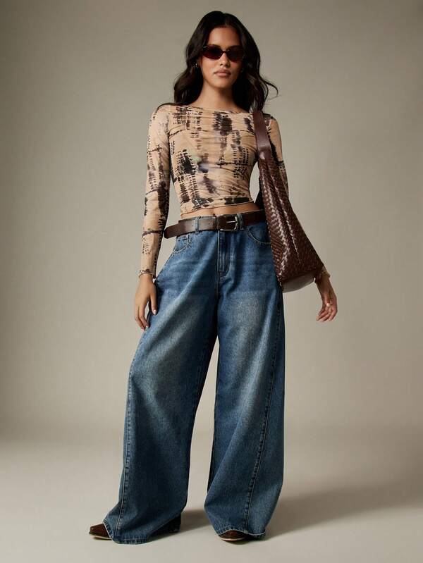 MISSGUIDED Tie Dye Mesh Long Sleeve Crop Top