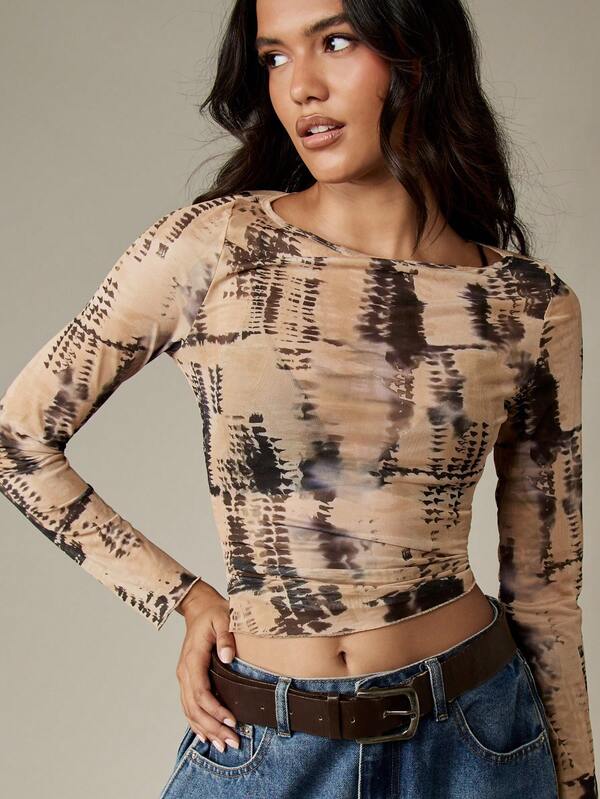 MISSGUIDED Tie Dye Mesh Long Sleeve Crop Top
