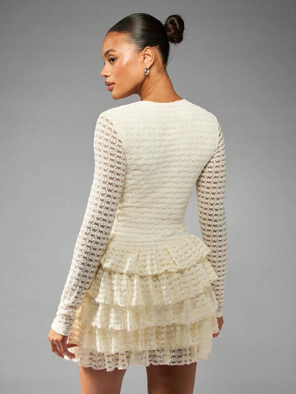MISSGUIDED Tiered Crochet Lace Mini Dress With Pearl Buttons