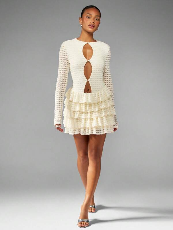 MISSGUIDED Tiered Crochet Lace Mini Dress With Pearl Buttons