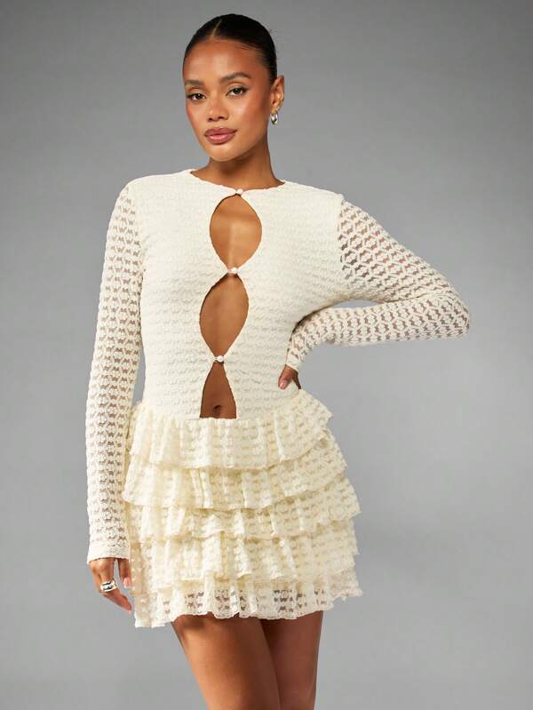 MISSGUIDED Tiered Crochet Lace Mini Dress With Pearl Buttons