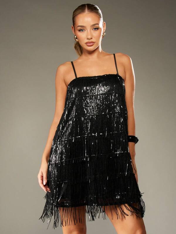 MISSGUIDED Tiered Fringe Sequin Mini Dress With Spaghetti Straps