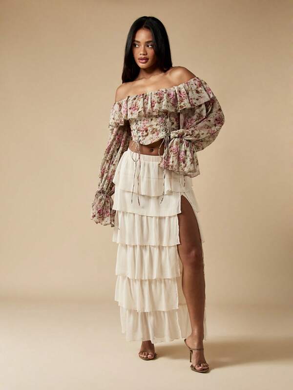 MISSGUIDED Tiered Ruffle Chiffon Maxi Skirt With High Side Split