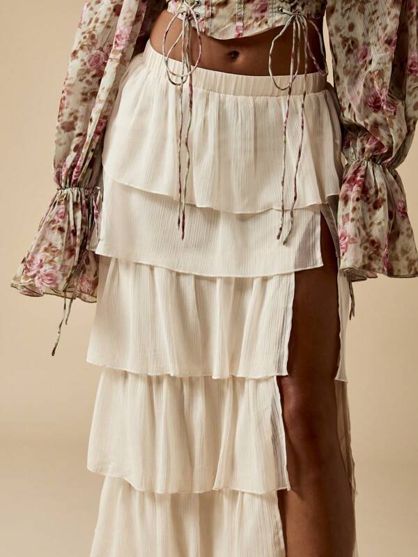 MISSGUIDED Tiered Ruffle Chiffon Maxi Skirt With High Side Split