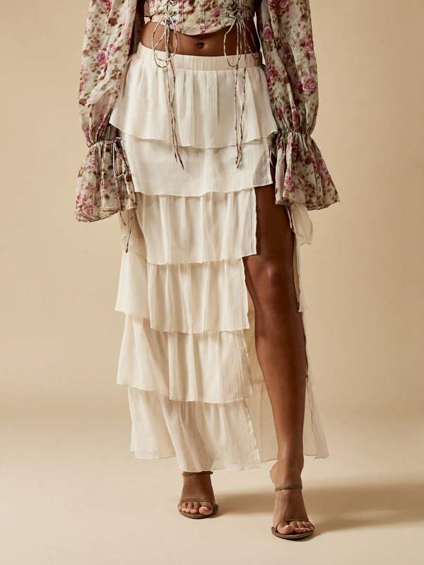 MISSGUIDED Tiered Ruffle Chiffon Maxi Skirt With High Side Split