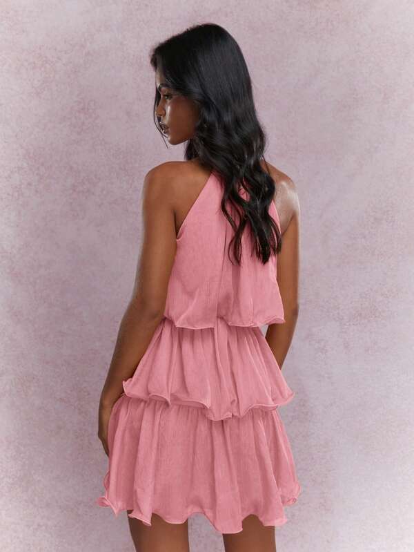 MISSGUIDED Tiered Ruffle Halter Neck Mini Dress