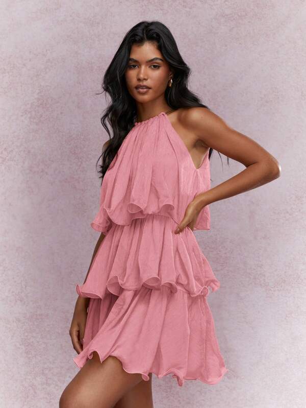MISSGUIDED Tiered Ruffle Halter Neck Mini Dress